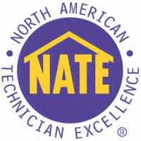 Logo of North American Technician Excellence (NATE) featuring a purple circle with a yellow house outline and "NATE" text inside.